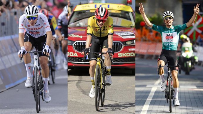 Montaje de los ciclistas Juan Ayuso (UAE), Jonas Vingegaard (Team Visma) y Joao Almeida (UAE).