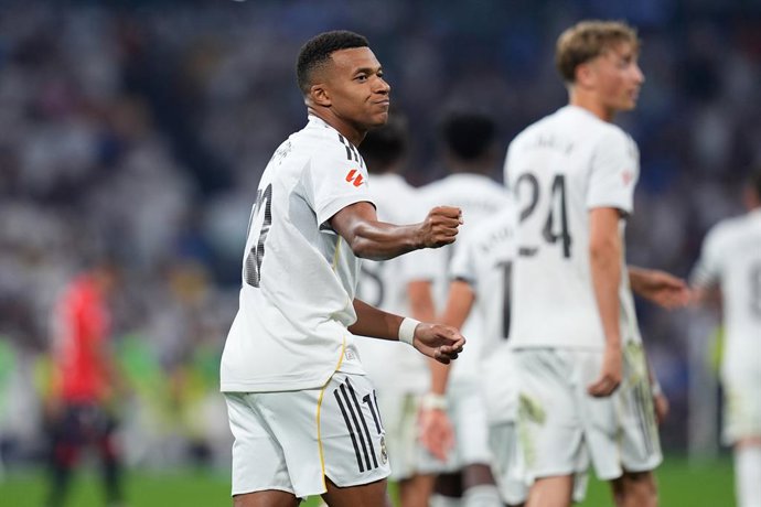 Kylian Mbappe of Real Madrid CF celebrates a goal during the Spanish League, LaLiga EA Sports, football match played between Real Madrid and CA Osasuna at Santiago Bernabeu stadium on August 19, 2025, in Madrid, Spain.