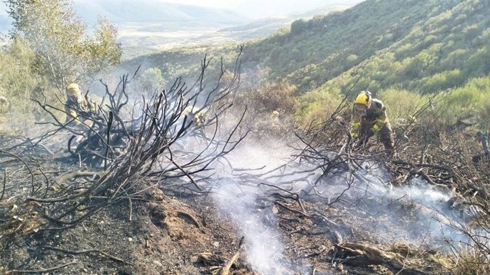 Efectivos de INFOAR desplazados por el Gobierno de Aragón en el incendio de Barniedo de la Reina, en León.