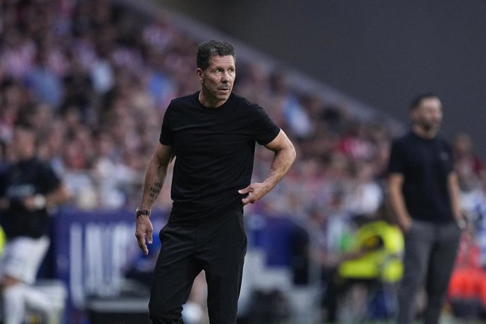 Diego Simeone, head coach of Atletico de Madrid, looks on during the Spanish League, LaLiga EA Sports, football match played between Atletico de Madrid and Elche CF at Riyadh Air Metropolitano stadium on August 23, 2025, in Madrid, Spain.