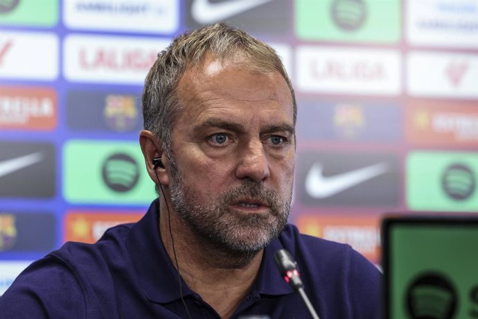 Hansi Flick, head coach of FC Barcelona, gives a press conference during the training day of FC Barcelona ahead the Spanish League, La Liga EA Sports, football match against Levante UD at Ciudad Esportiva Joan Gamper on August 22, 2025 in Sant Joan Despi,