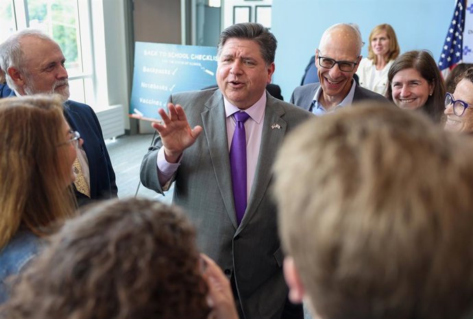 August 11, 2025, Wheeling, Illinois, USA: Illinois Gov. JB Pritzker speaks with a group of education and health professionals following an event supporting National Immunization Awareness Month at School District 21 in Wheeling, Illinois, on Aug. 11, 2025