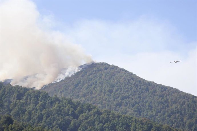 Un hidroavión trabaja para sofocar el incendio
