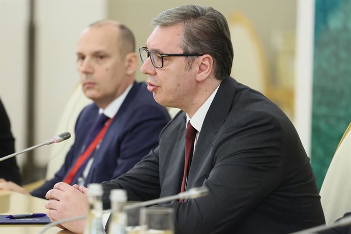 Archivo - RUSSIA, MOSCOW - MAY 9, 2025: Serbia's President Aleksandar Vucic speaks during a meeting with Russia's President Vladimir Putin