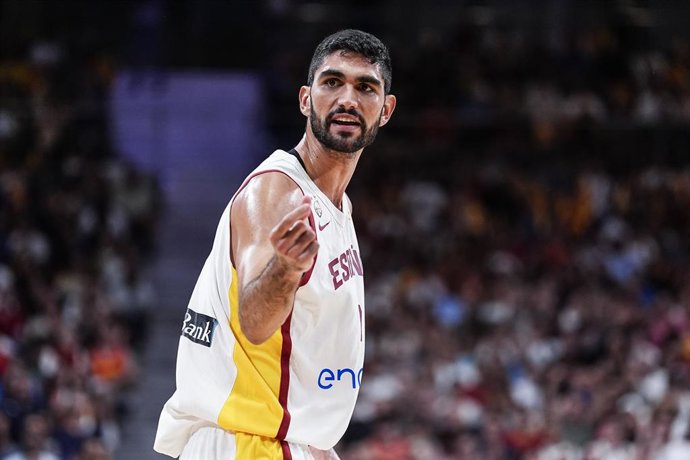 Santi Aldama of Spain gestures during City of Madrid Tournament, basketball match played between Spain and Germany at Madrid Arena on August 21, 2025 in Madrid, Spain.