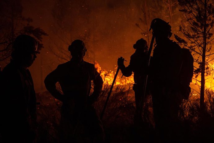 Un grupo de bomberos forestales tratan de extinguir el fuego, a 22 de agosto de 2025, en Argayo, León, Castilla y León (España). Ayudados por la caída de las temperaturas y una climatología más benigna que la de los últimos días, los servicios de extinció