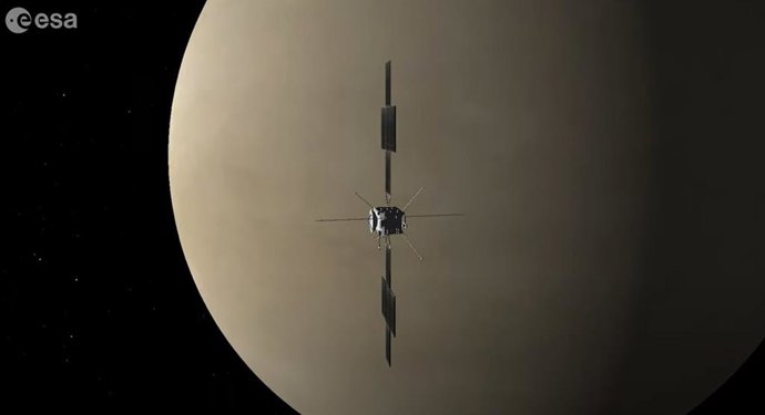 Ilustración artística de la nave Juice sobrevolando Venus