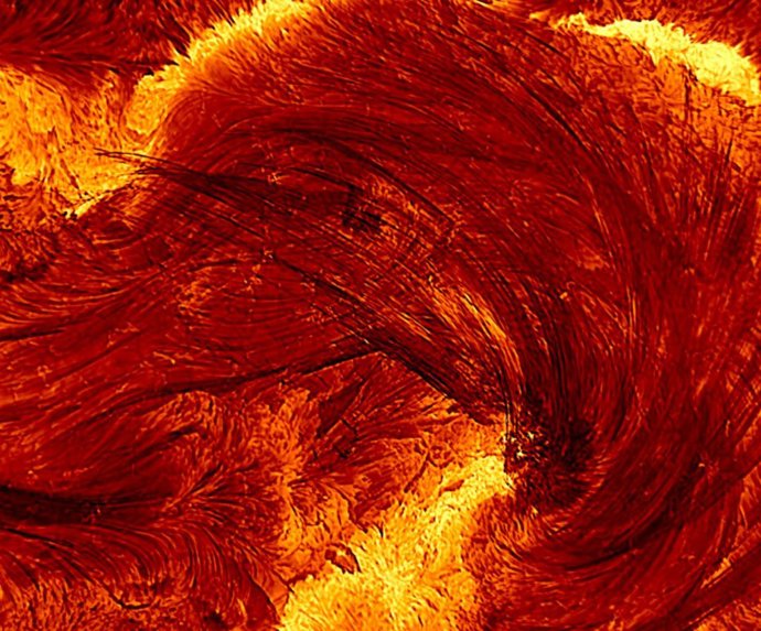 Imagen de alta resolución de la llamarada, tomada por el Telescopio Solar Inouye el 8 de agosto de 2024 a las 20:12 UT. La imagen tiene aproximadamente cuatro veces el diámetro terrestre por cada lado.