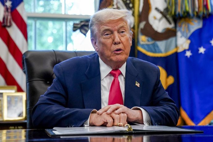 August 14, 2025, Washington, District Of Columbia, USA: US President Donald Trump speaks in the Oval Office at the White House, Washington, DC, USA, 14 August 2025. President Trump delivered remarks and responded to questions on his presidential proclamat