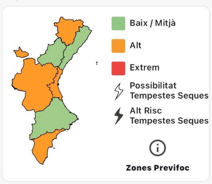 Imagen del nivel de preemergencia por riesgo de incendios forestales este martes, 26 de agosto, en la Comunitat Valenciana.