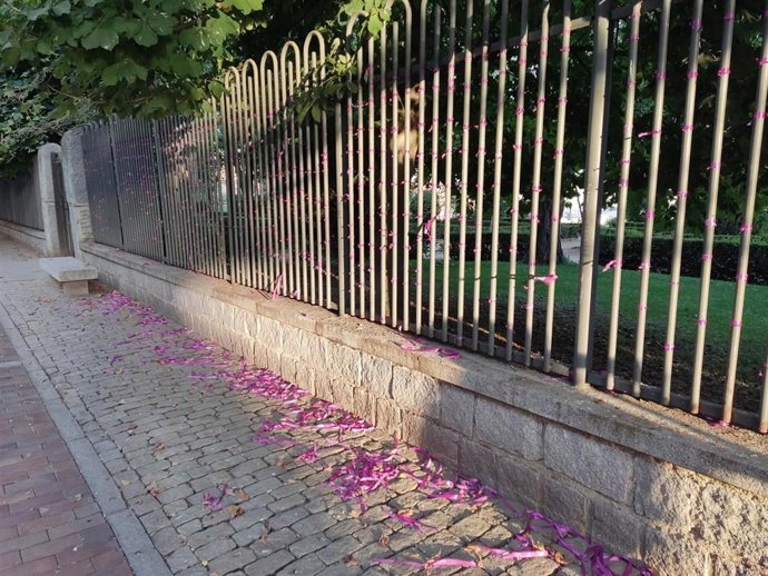Estado en el que han quedado los lazos morados homenaje a las mujeres víctimas de violencia de género en Ávila.