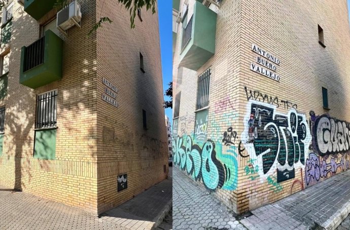 Imagen del antes y el después de las intervenciones sobre las pintadas.