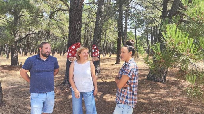 De izquierda a derecha, Kristian Calavia, Yolanda Santos y Pilar Pacheco en la micosenda del Pinarcillo de Soria.