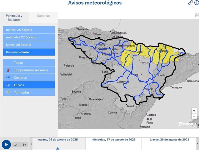 Aviso de la Aemet de lluvias intensas previstas en Navarra, Aragón y Cataluña