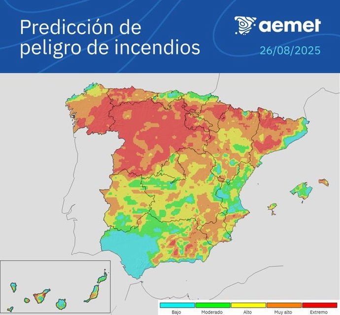 Mapa de riesgo de incendios de la Aemet.
