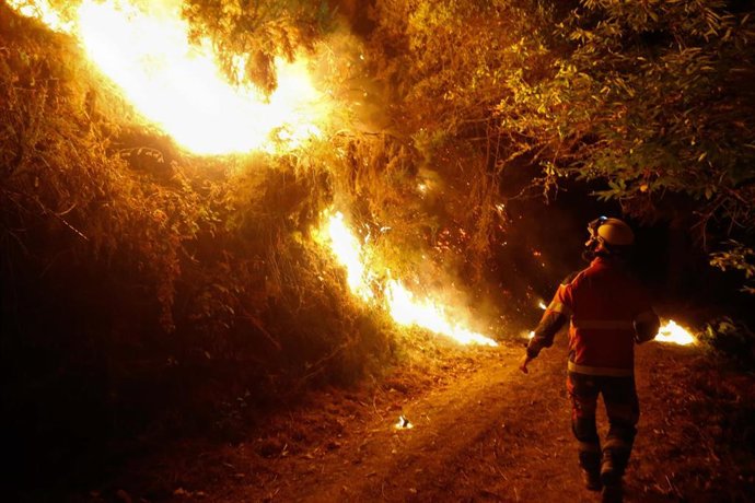 Un bombero trabaja para la extinción del incendio, a 25 de agosto de 2025, en A Pobra de Brollón, Lugo