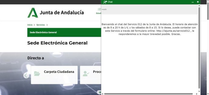 Interfaz del chat del Servicio 012 de la Junta de Andalucía.