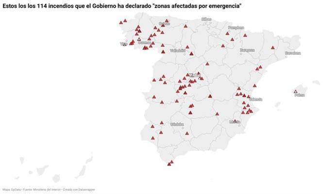 Incendios registrados durante el verano de 2025 que han sido declarados por el Gobierno zonas catastróficas
