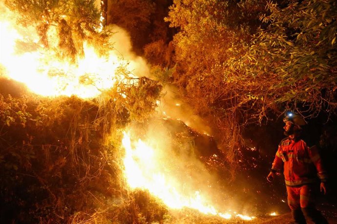 Un bombeiro traballa para a extinción do incendio da Pobra do Brollón.