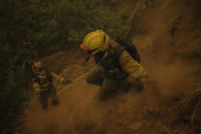 Varios bomberos forestales tratan de extinguir un fuego, a 17 de agosto de 2025, en Retorta, Laza, Ourense