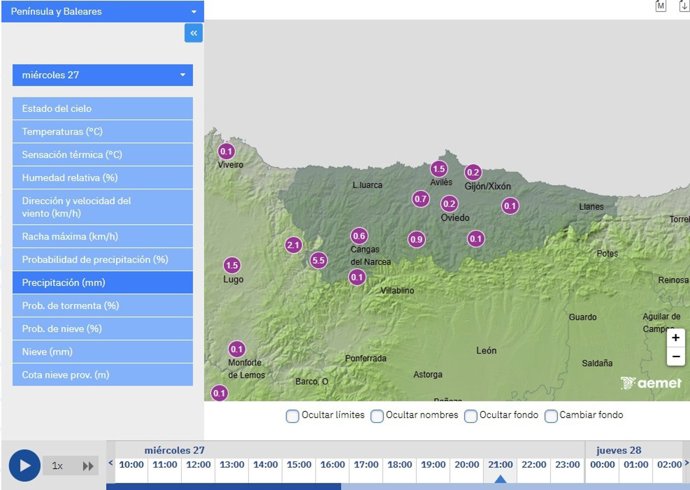 Previsión de lluvias en Asturias para este miércoles, según la AEMET.