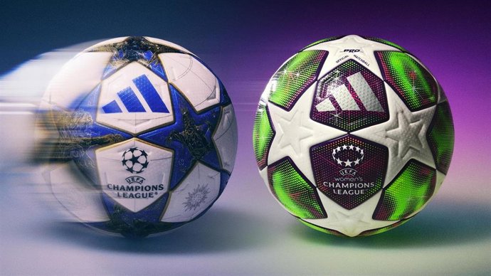Archivo - Imagen de los balones oficiales de las Ligas de Campeones Masculina y Femenina de la temporada 25-26