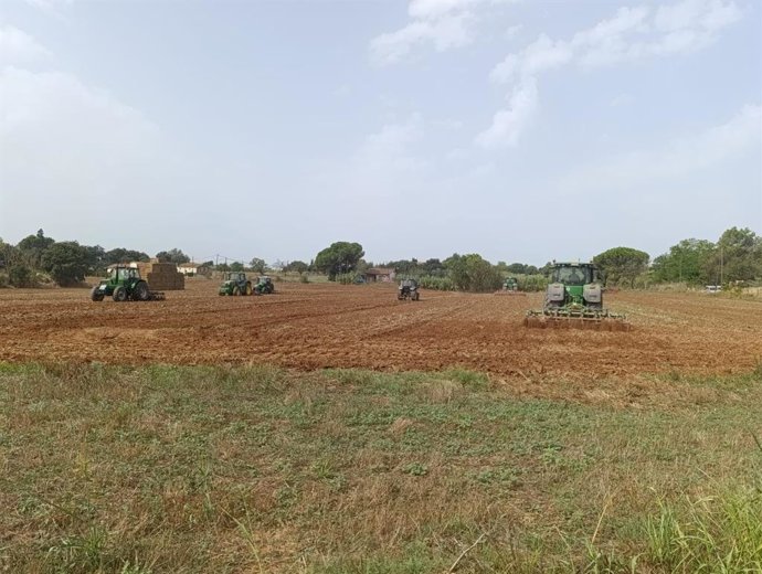 Tractors llaurant el camp durant l'acció de protesta