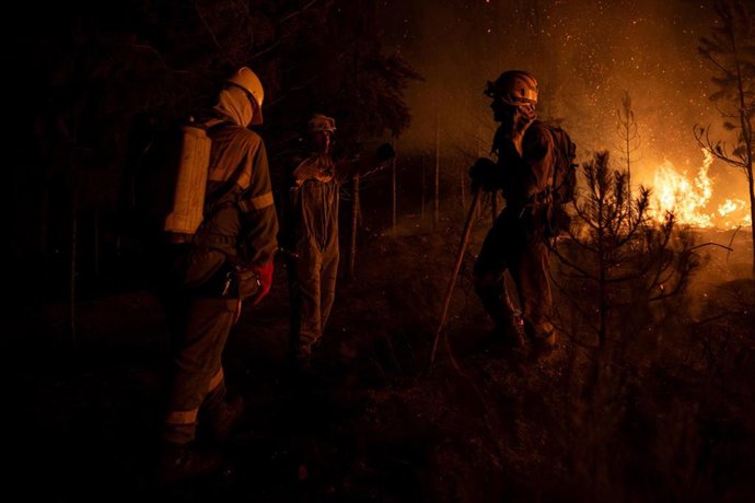 Un grupo de bomberos forestales tratan de extinguir el fuego en Argayo, León