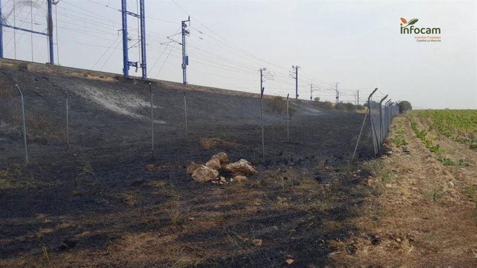 Zona afectada por el fuego junto a las vías de alta velocidad.