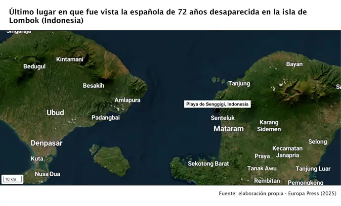 Mapa del último lugar en que fue vista la española de 72 años desaparecida en la isla de Lombok (Indonesia)