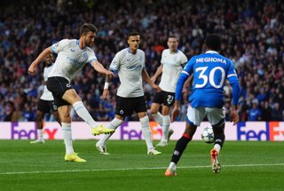 19 August 2025, United Kingdom, Glasgow: Club Brugge's Brandon Mechele (L) scores his side's third goal during the UEFA Champions League, play-off, first leg soccer match between Rangers and Club Brugge at Ibrox Stadium. Photo: Andrew Milligan/PA Wire/dpa