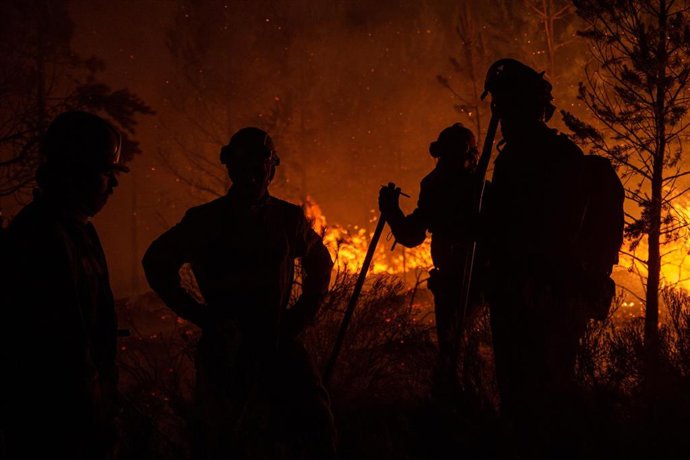 Un grupo de bomberos forestales tratan de extinguir el fuego, a 22 de agosto de 2025, en Argayo, León, Castilla y León (España)