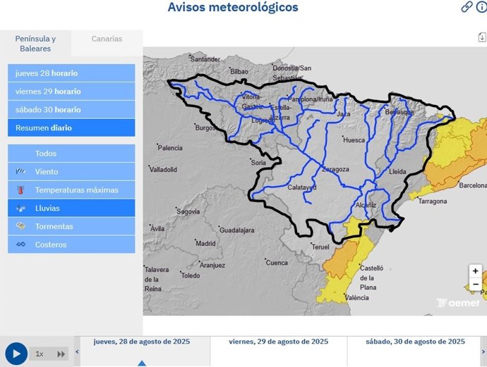 La CHE alerta de crecidas en barrancos y cauces menores por lluviar intensas en la cuenca del Ebro, Teruel y Castellón