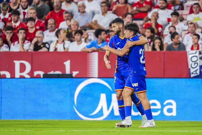 Adrian Liso of Getafe CF celebrates a goal during the Spanish league, LaLiga EA Sports, football match played between Sevilla FC and Getafe CF at Ramon Sanchez-Pizjuan stadium on August 25, 2025, in Sevilla, Spain.