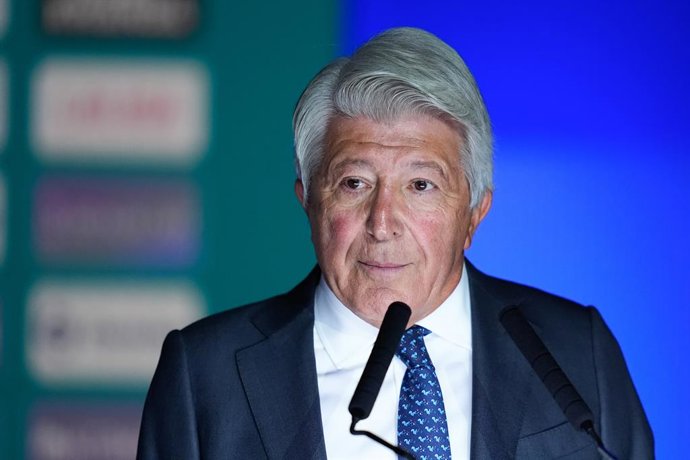 Enrique Cerezo, President of Atletico de Madrid, attends during the presentation of Giacomo Raspadori as a new player of Atletico de Madrid at Riyadh Air Metropolitano stadium on August 20, 2025, in Madrid, Spain.