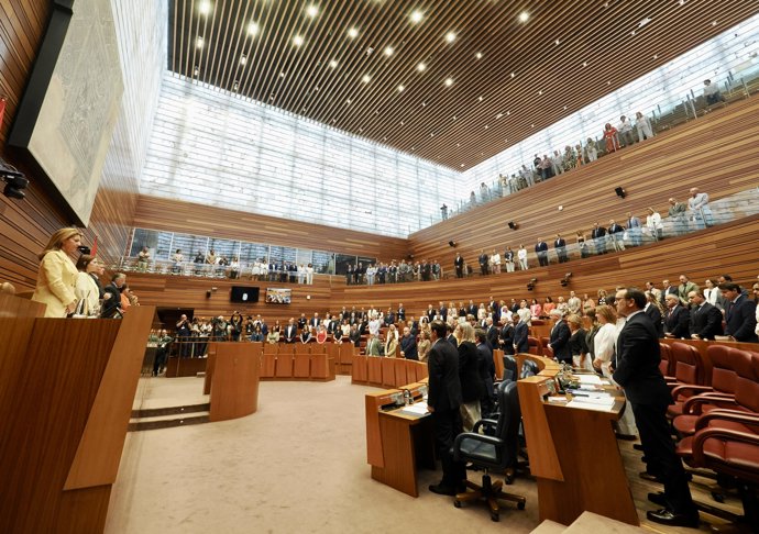 Minuto de silencio durante el Pleno de las Cortes para informar sobre los incendios forestales en la Comunidad, en el Parlamento autonómico, a 29 de agosto de 2025, en Valladolid, Castilla y León (España).