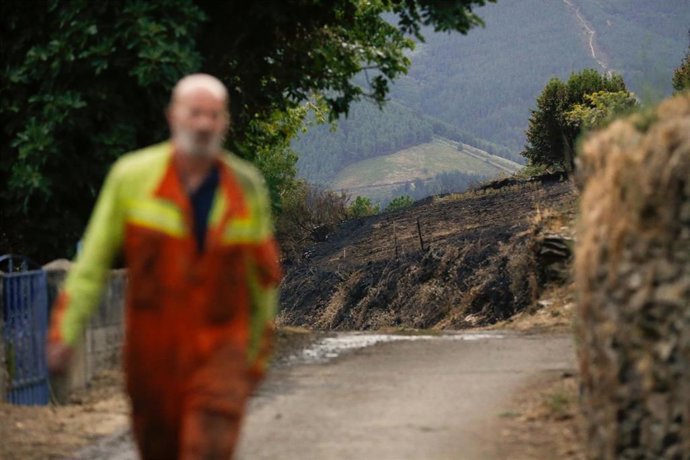 Una persona junto a la zona quemada por el fuego, a 28 de agosto de 2025, en Villamayor, San Antolín de Ibias, Asturias (España). 