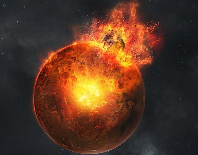 Ilustración del antiguo Marte siendo golpeado por una gigantesca roca espacial, lo que provocó una fusión y mezcla masiva en las profundidades del planeta.