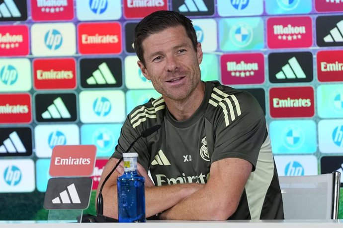 Xabi Alonso, head coach of Real Madrid, attends his press conference during the training day of Real Madrid ahead the Spanish League, LaLiga EA Sports, football match against RCD Mallorca at Ciudad Deportiva Real Madrid on August 29, 2025, in Valdebebas, 