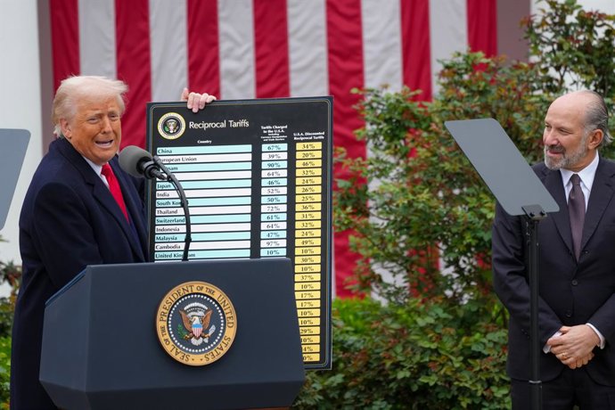 2 de abril de 2025, Washington, Distrito de Columbia, EUA: O presidente DONALD TRUMP segura um pôster sobre tarifas durante um discurso em que assina duas ordens executivas que levarão a tarifas recíprocas contra outros países que cobram tarifas sobre pro