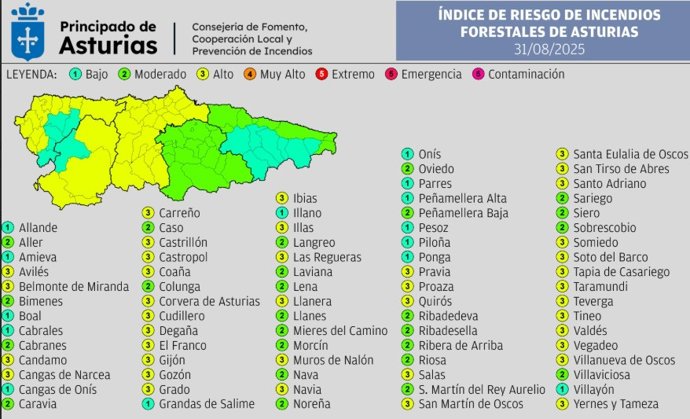 Previsiones del riesgo de incendio forestal en Asturias para este domingo 31 de agosto de 2025