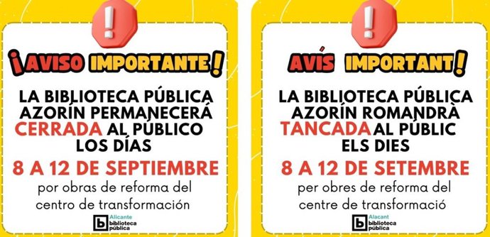 La Biblioteca Pública Azorín de Alicante cerrará del 8 al 12 de septiembre por obras de renovación eléctrica