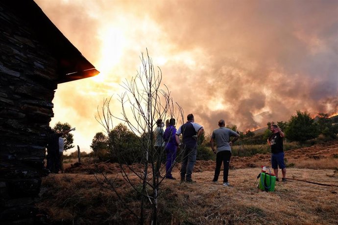Varios vecinos tratan de apagar el fuego, a 21 de agosto de 2025, en Anllarinos del Sil, León, Castilla y León (España). El último balance de la situación de incendios forestales del Servicio de Emergencias del Principado de Asturias (SEPA) correspondient