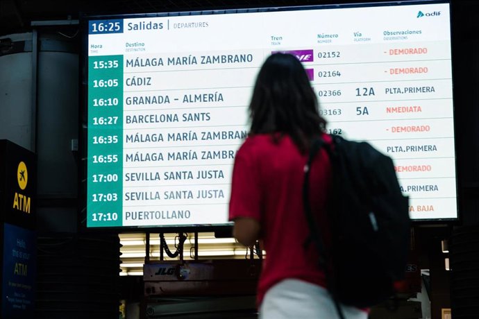Una persona observa una pantalla informativa en la Estación de Madrid - Puerta de Atocha - Almudena Grandes, a 30 de agosto de 2025, en Madrid