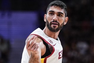 Santi Aldama of Spain reacts during City of Madrid Tournament, basketball match played between Spain and Germany at Madrid Arena on August 21, 2025 in Madrid, Spain.