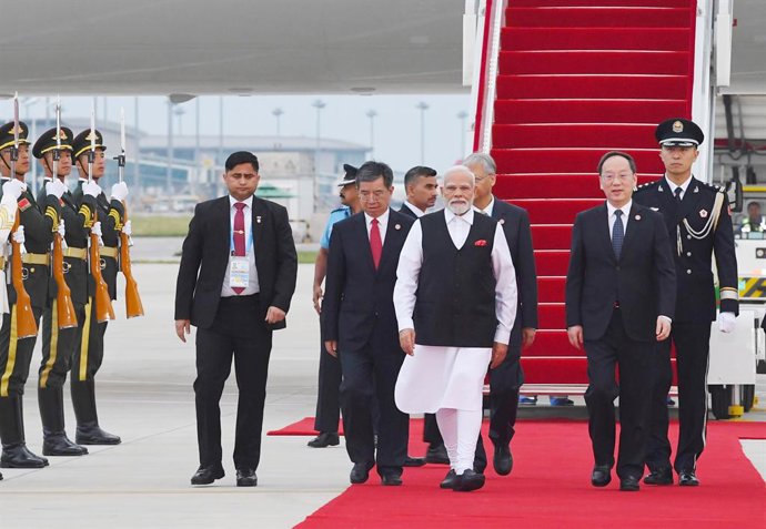 TIANJIN, Aug. 30, 2025  -- Indian Prime Minister Narendra Modi arrives for the Shanghai Cooperation Organization (SCO) Summit 2025 in Tianjin, north China, Aug. 30, 2025.