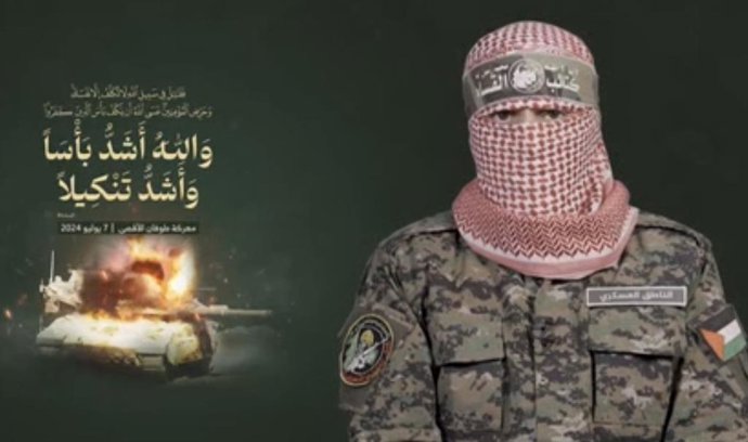 Archivo - Arquivo - O porta-voz das Brigadas Ezzeldin al-Qassam, o braço armado do Movimento de Resistência Islâmica (Hamas), Abou Obeida