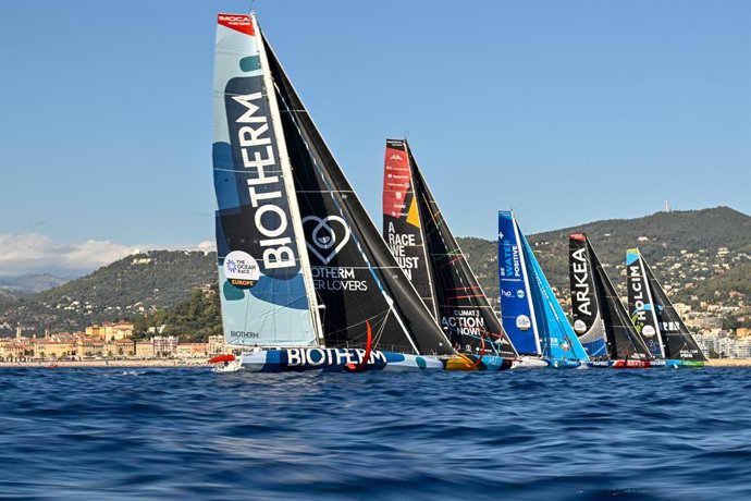 Biotherm, skippered by Paul Meilhat, with the rest of the IMOCA Fleet at the start of Leg 4 during The Ocean Race Europe 2025 in Nice, France on August 31, 2025. (Photo by Jean-Louis Carli / The Ocean Race Europe 2025)