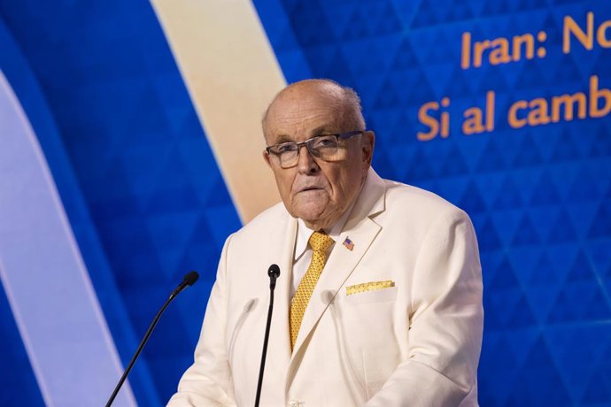 Archivo - Arquivo - 31 de julho de 2025, Roma, Itália: Rudy Giuliani, ex-prefeito da cidade de Nova York, discursa na Cúpula Mundial Irã Livre 2025, enfatizando a importância de apoiar o movimento democrático do NCRI. A Cúpula Mundial Irã Livre 2025 foi r