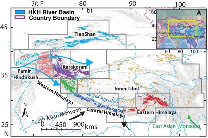 Localização da área de estudo na Ásia de alta montanha e limites das principais bacias de drenagem (contornos azuis).